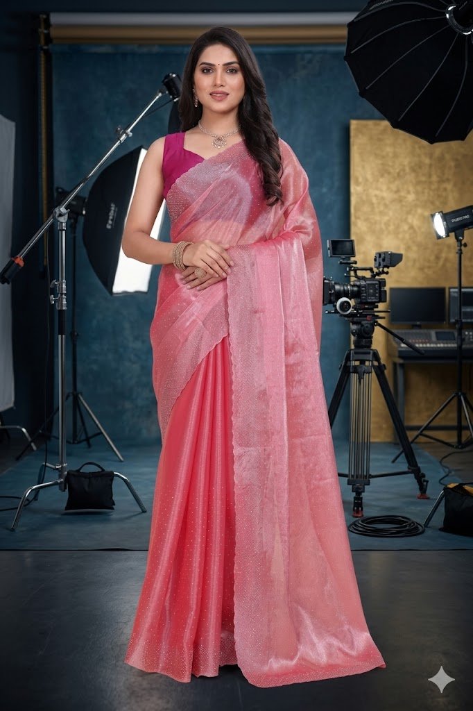 Women's Fandy Chiffon Soft Silk Saree with Crystal Work, Lightweight with Unstitched Blouse Piece