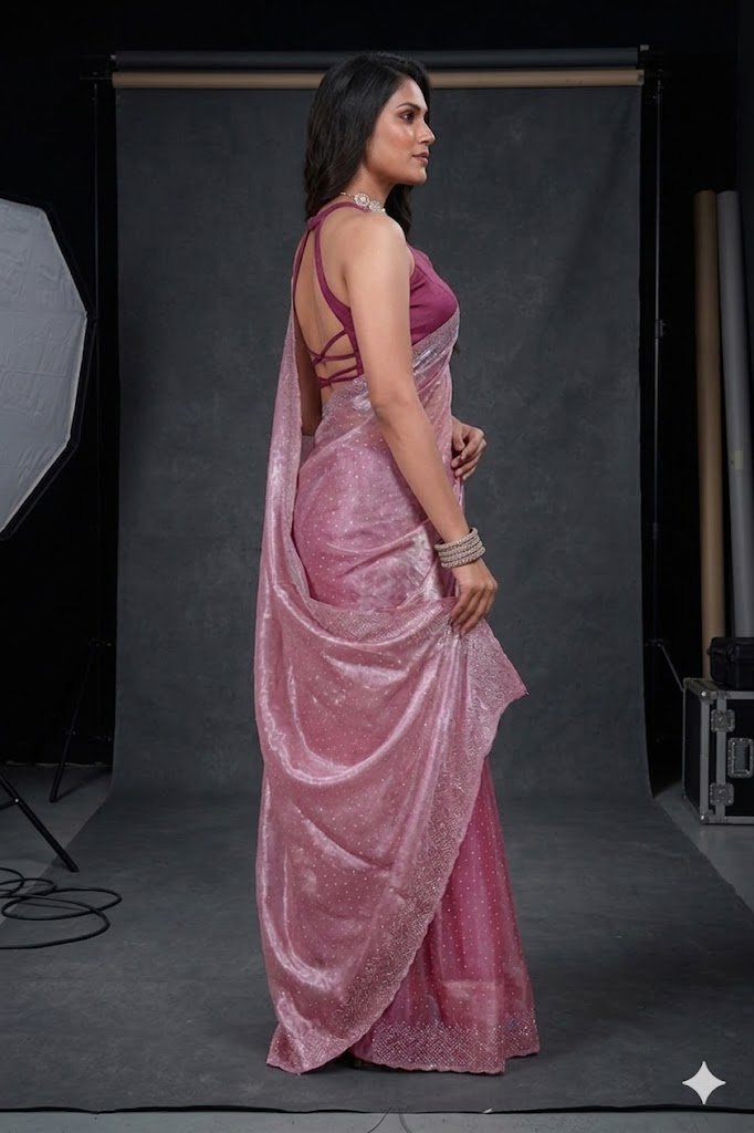 Women's Fandy Chiffon Soft Silk Saree with Crystal Work, Lightweight with Unstitched Blouse Piece - Image 3