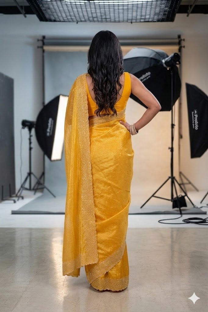 Women's Fandy Chiffon Soft Silk Saree with Crystal Work, Lightweight with Unstitched Blouse Piece - Image 2