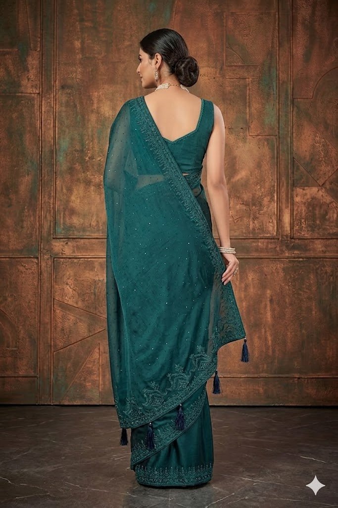 Women's Fancy Chiffon Soft Silk Saree | Intricate Crystal Stone Work | Heavy Designer Border | Includes Unstitched Blouse Piece - Image 3