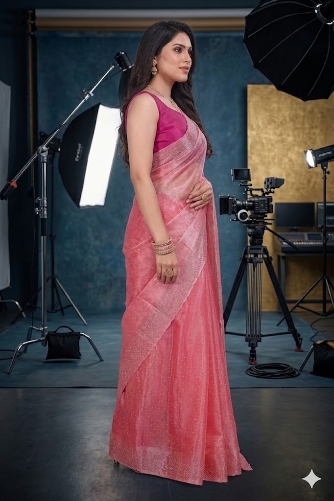 Women's Fandy Chiffon Soft Silk Saree with Crystal Work, Lightweight with Unstitched Blouse Piece - Image 3