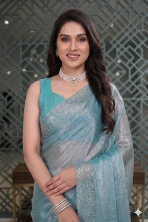 Women's Fandy Chiffon Soft Silk Saree with Crystal Work, Lightweight with Unstitched Blouse Piece