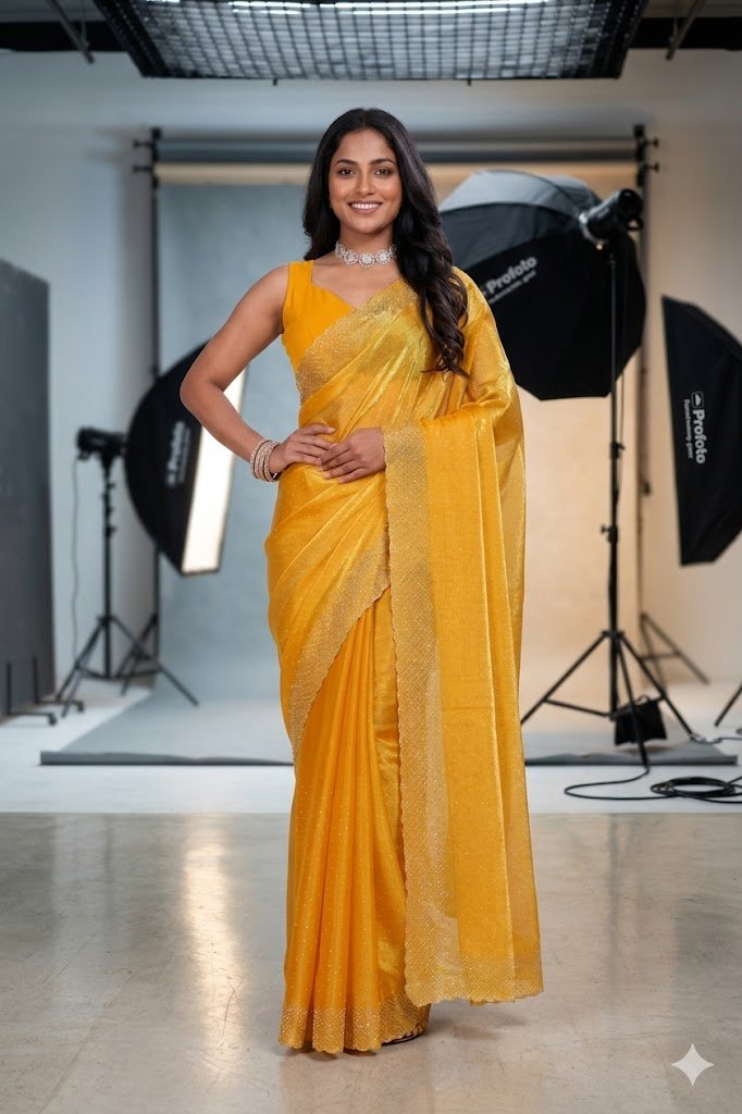 Women's Fandy Chiffon Soft Silk Saree with Crystal Work, Lightweight with Unstitched Blouse Piece