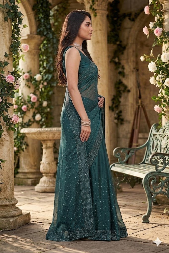 Women's Fandy Chiffon Soft Silk Saree with Crystal Work, Lightweight with Unstitched Blouse Piece - Image 3