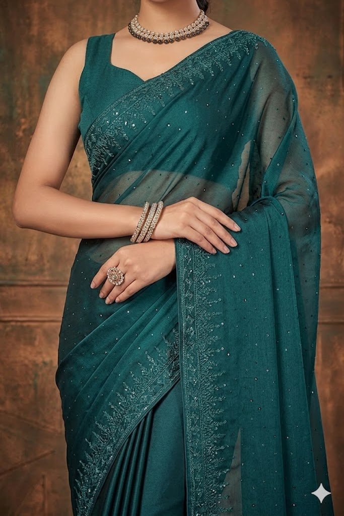 Women's Fancy Chiffon Soft Silk Saree | Intricate Crystal Stone Work | Heavy Designer Border | Includes Unstitched Blouse Piece - Image 4